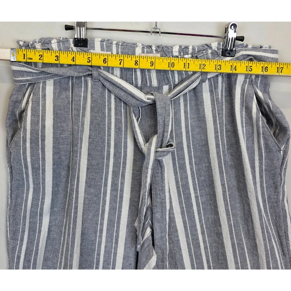 Loft Wide Leg Linen Pants Women M Gray White Striped Slash Pockets Tie Waist - Picture 3 of 11